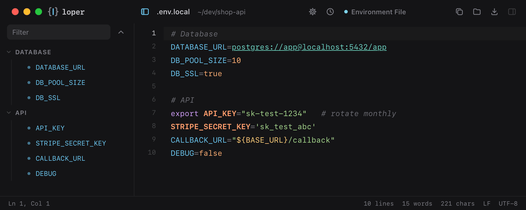 .env files — keys, values, secrets and ${VARIABLES} each in their own color.