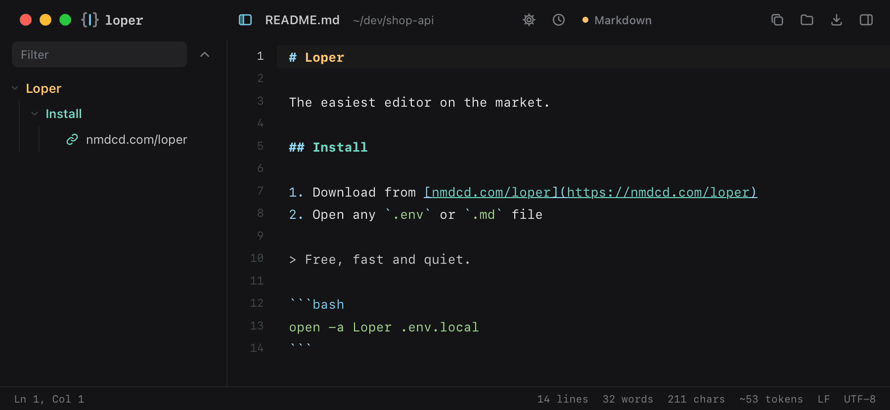 Markdown with the outline tree and colored headings.