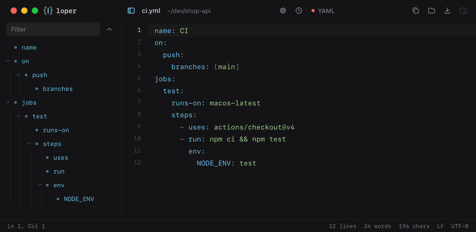 YAML with its keys in the outline tree.