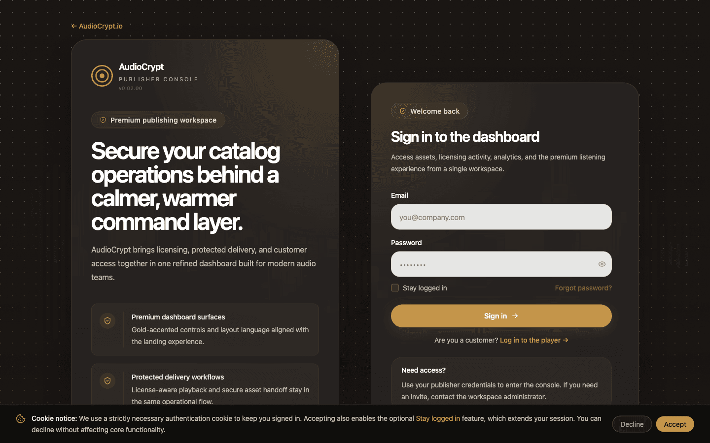 Publishing console — the command layer for licensing, catalog, and analytics.