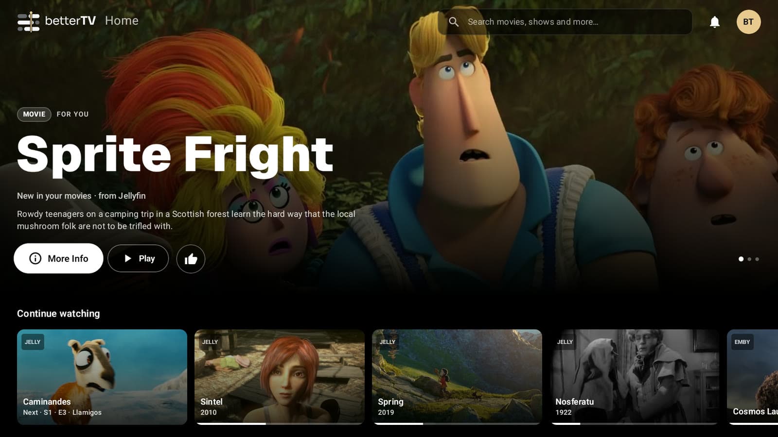betterTV home on Android TV (Blender open movies, CC BY)
