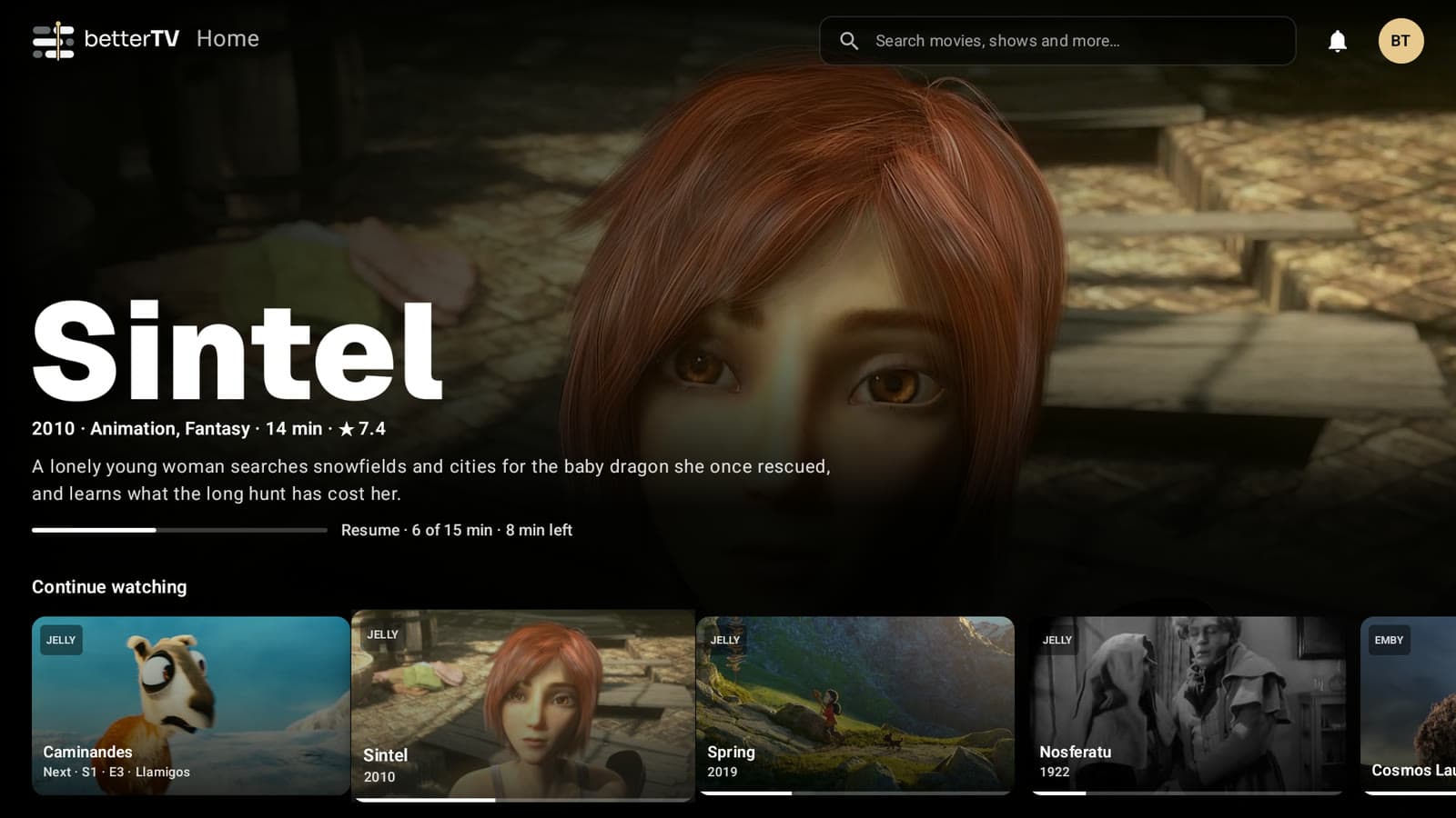 Continue Watching across Emby and Jellyfin, with a full-screen spotlight.