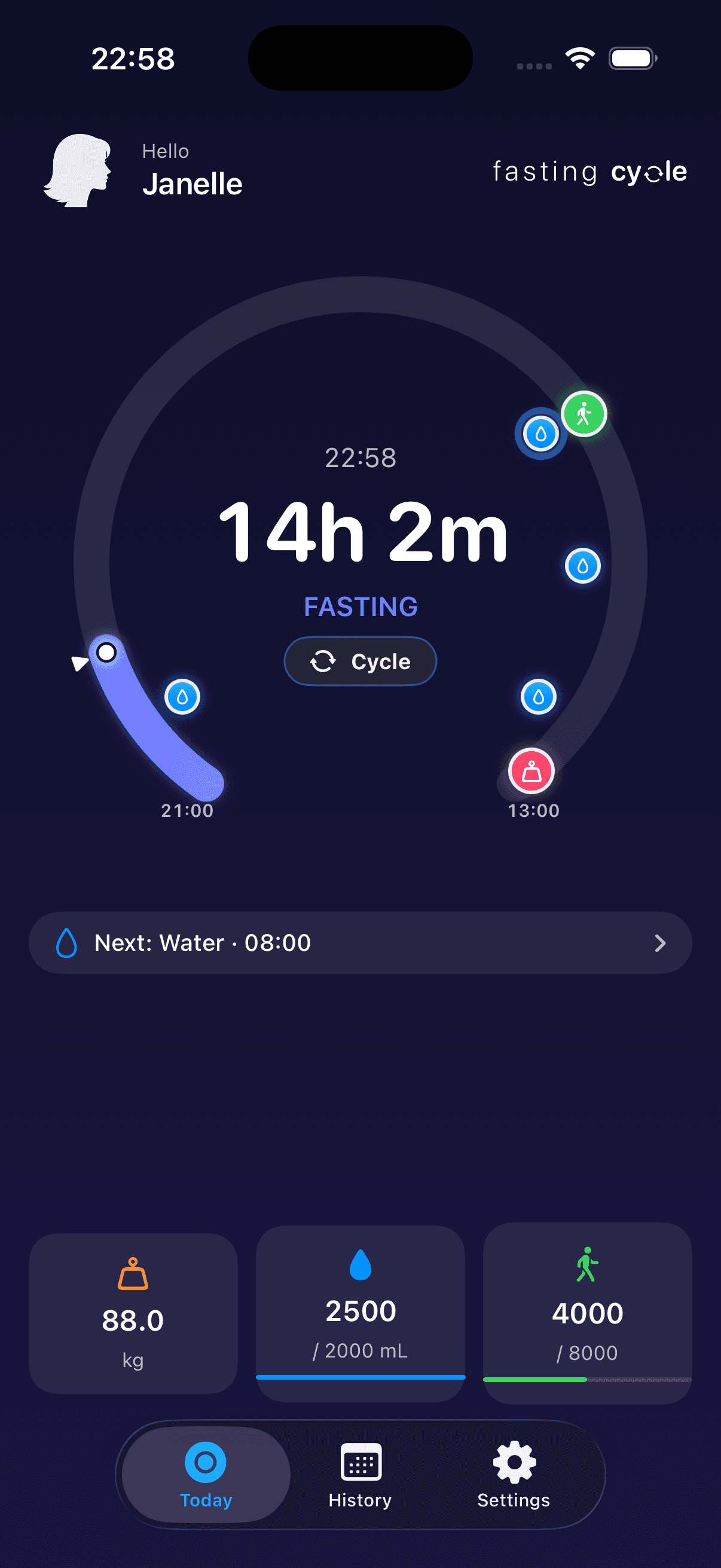 Dark mode — fasting phase, stripped to what matters.