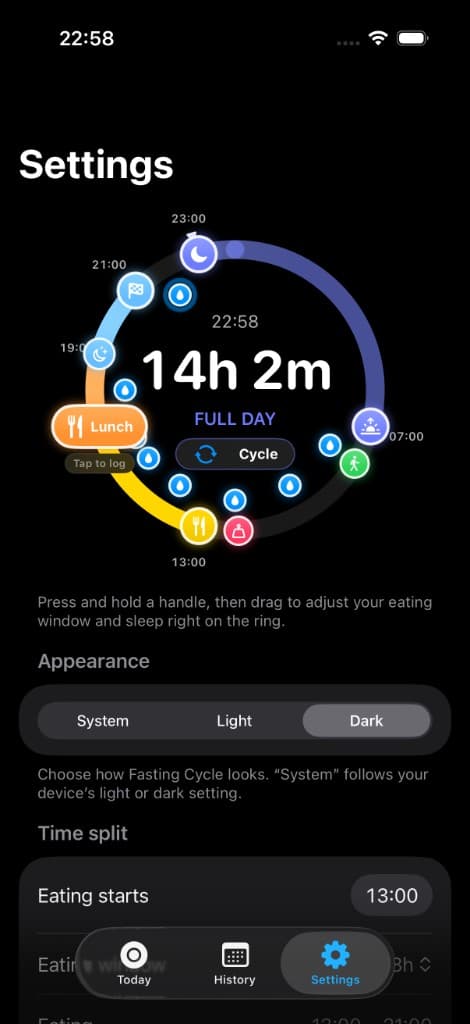 Dark mode — settings ring with every log in place.