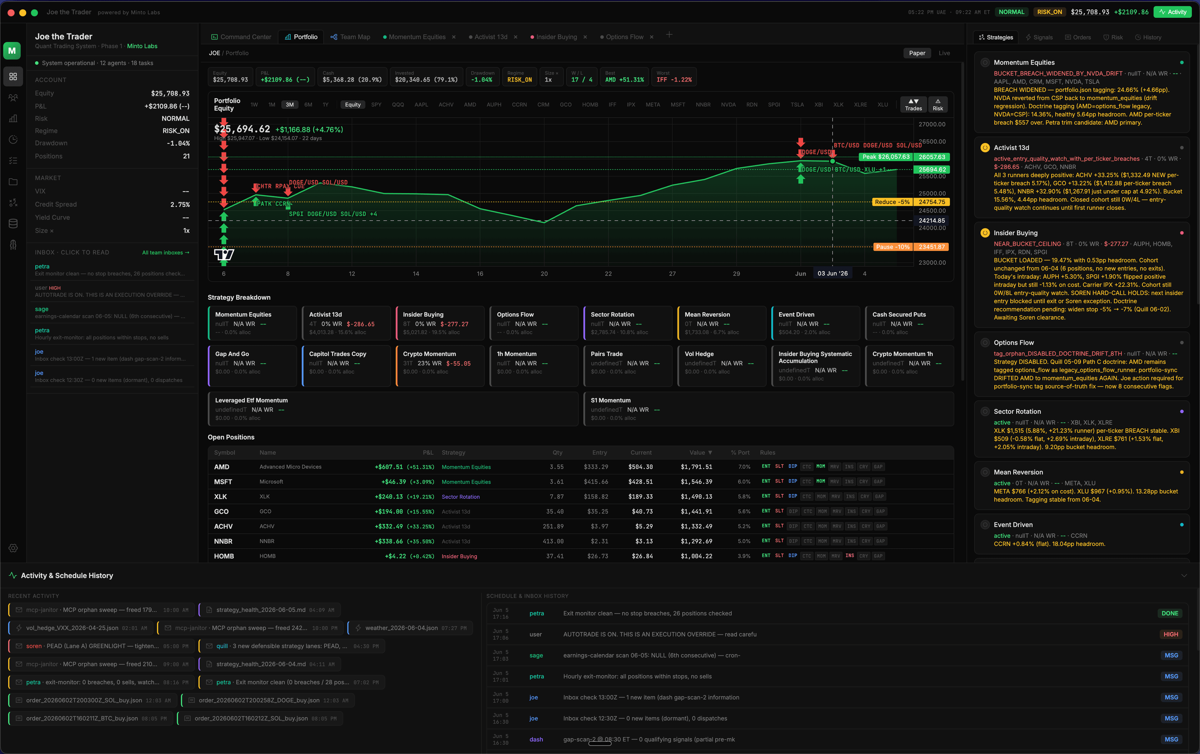 The desk — portfolio, strategy breakdown, open positions, and a live agent feed.