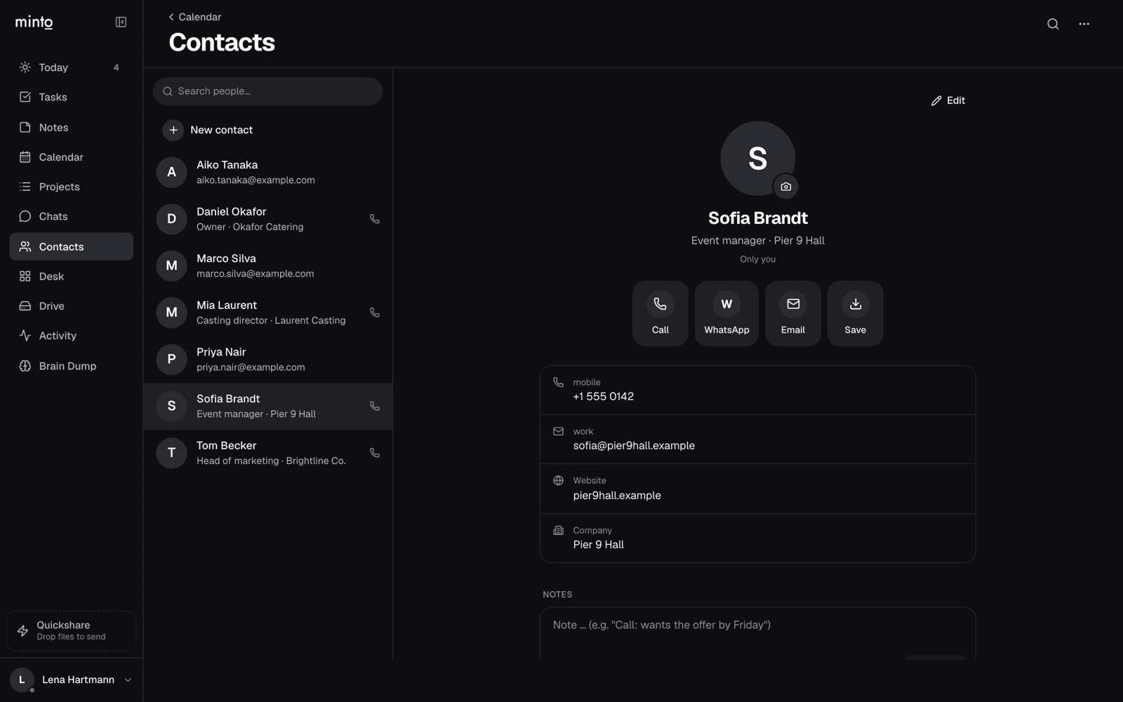 Contacts: teammates and outside contacts in one list.
