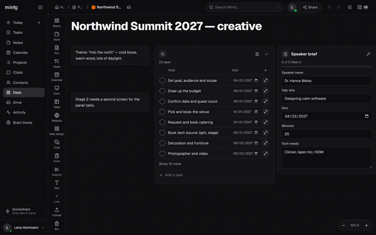 The Desk: notes, a live task list and a filled-in form on one infinite board.