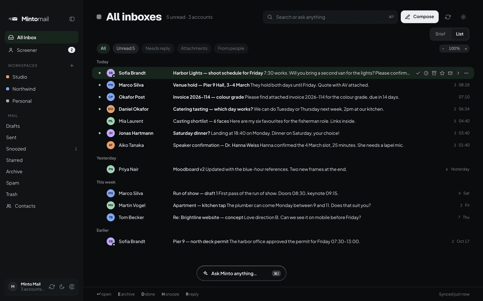 All inboxes, with quick filters and one-key actions.