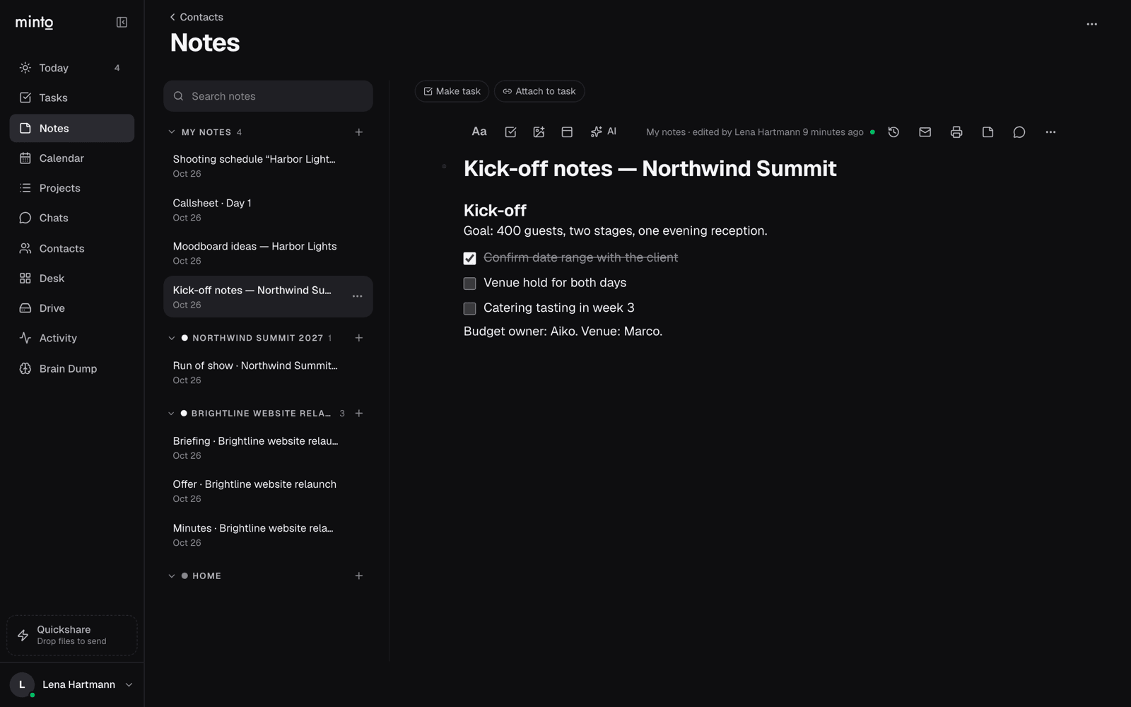 Notes: a kick-off doc with a checklist, next to the project docs.