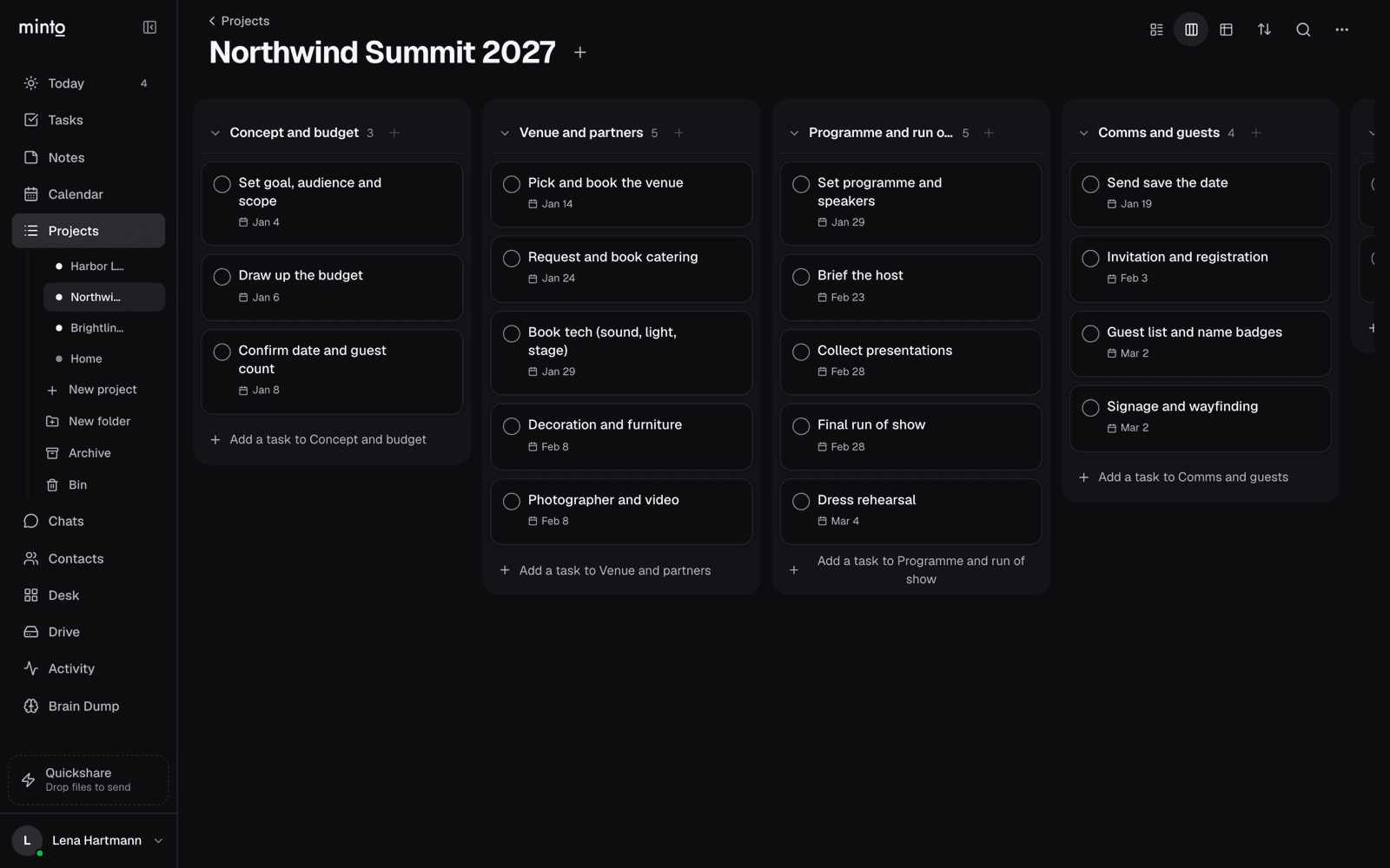 The same project as a board — one column per section, made from the event template.