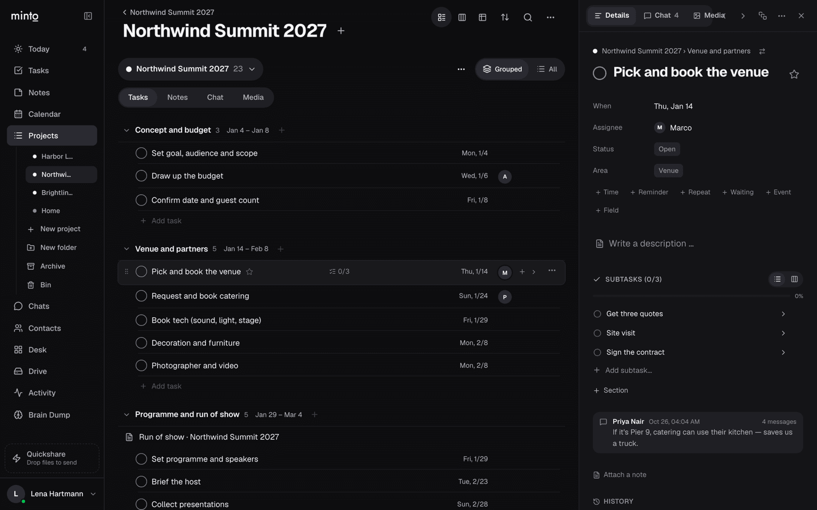 A task with its assignee, section, subtasks and the latest chat message.