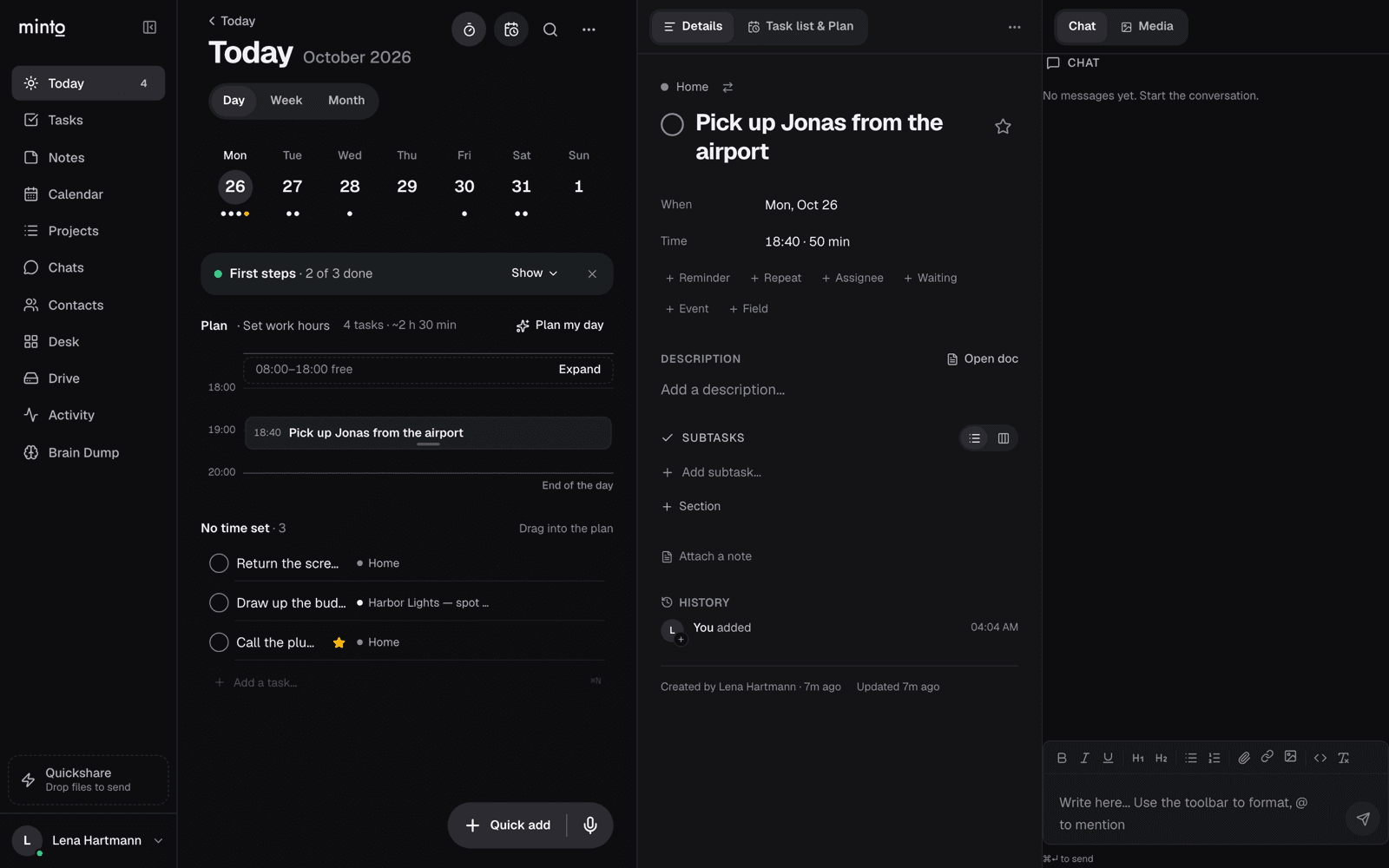 Today: the week strip, a day plan with time slots, and the open task beside its chat.