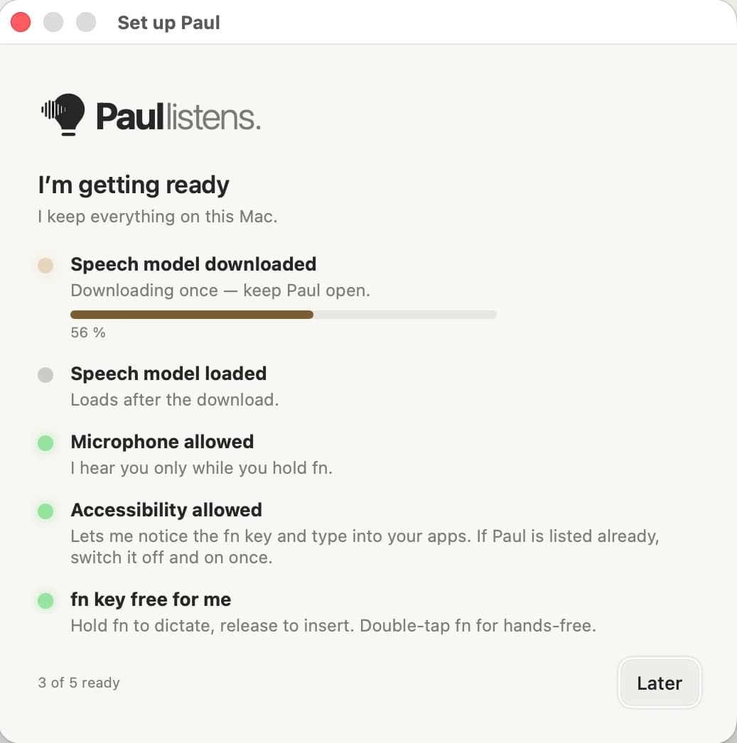 Getting ready: the speech model downloads once, then everything stays on this Mac.