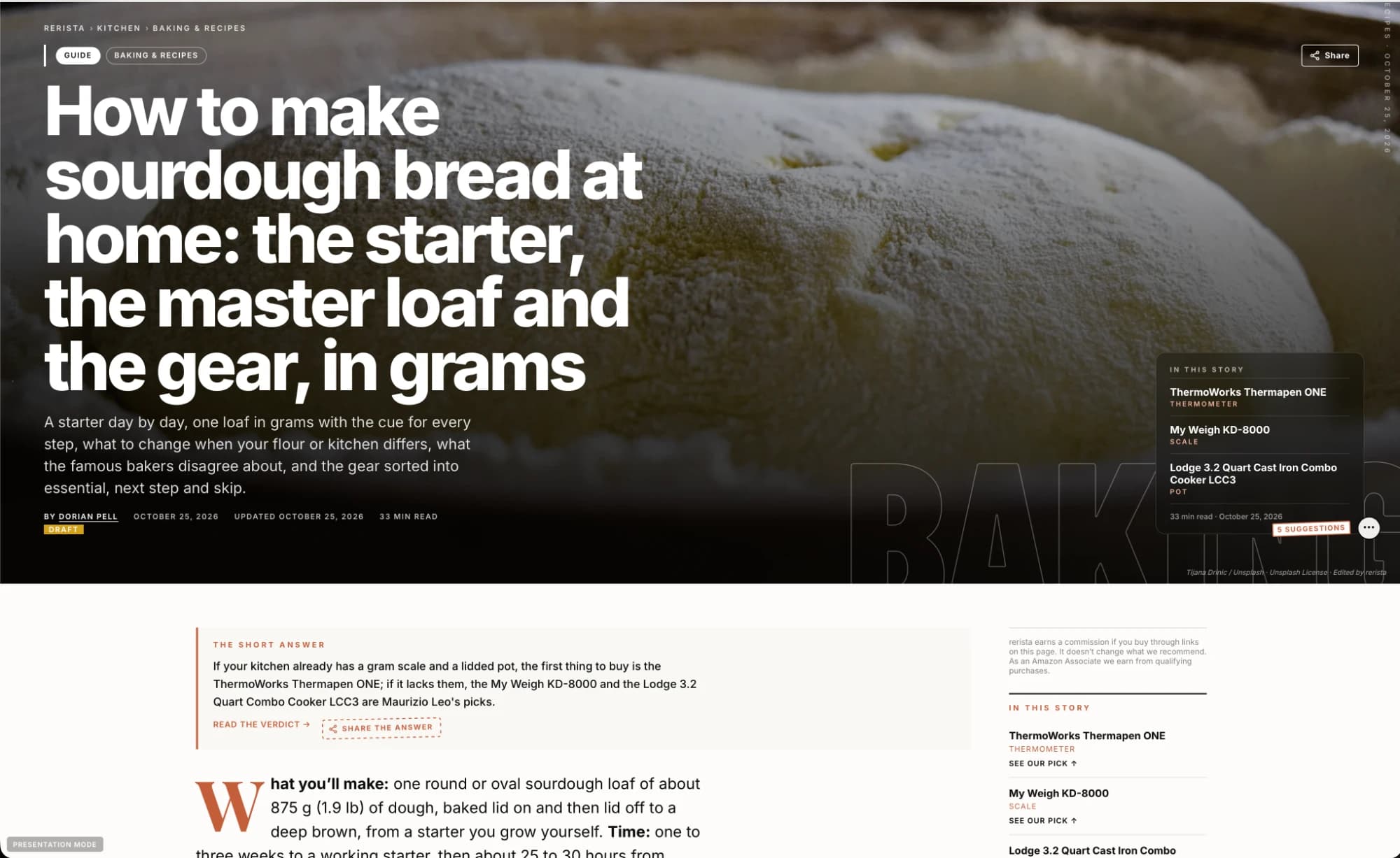 A Kitchen guide: sourdough at home — the starter, the master loaf and the gear, in grams.
